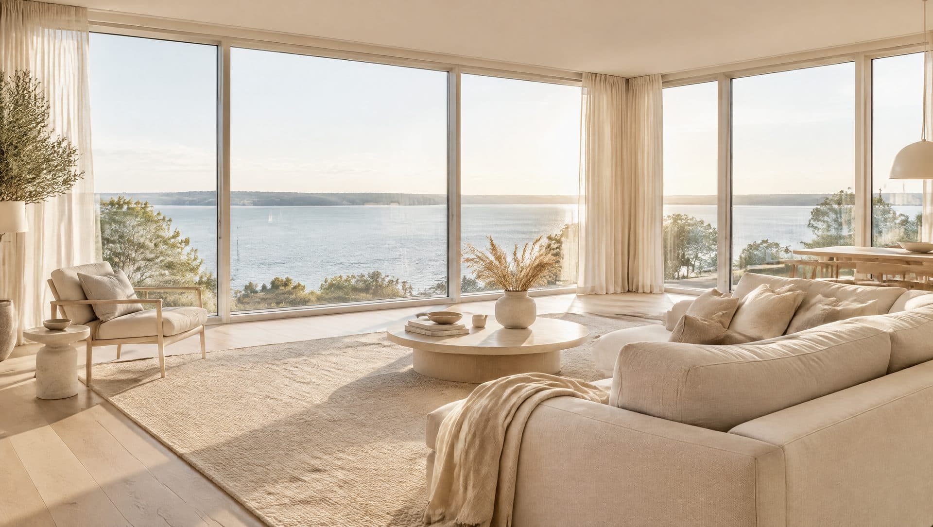 Helles Wohnzimmer mit Blick aufs Wasser