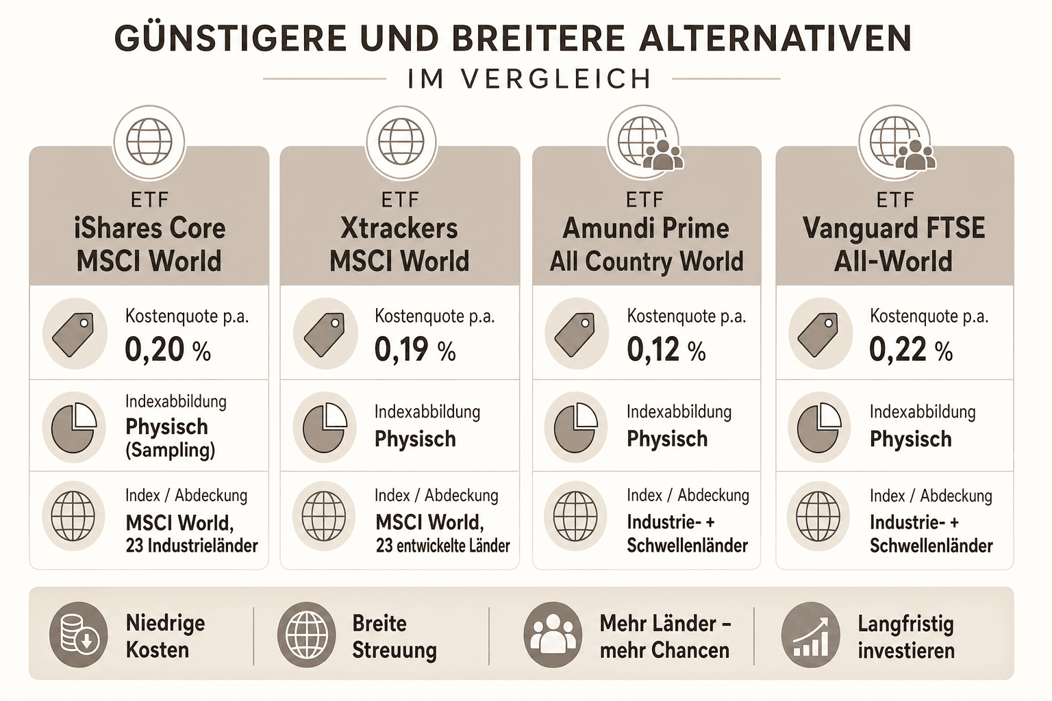 Infografik: Günstigere und breitere Alternativen im Vergleich ETF: iShares Core MSCI World | Kostenquote p.a.: 0,20% | Indexabbildun...