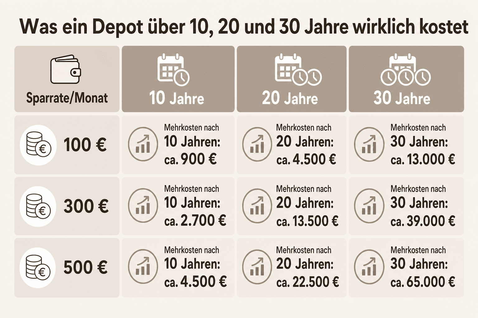 Infografik: Was ein Depot über 10, 20 und 30 Jahre wirklich kostet Sparrate/Monat: 100 € | Mehrkosten nach 10 Jahren: ca. 900 € | Me...