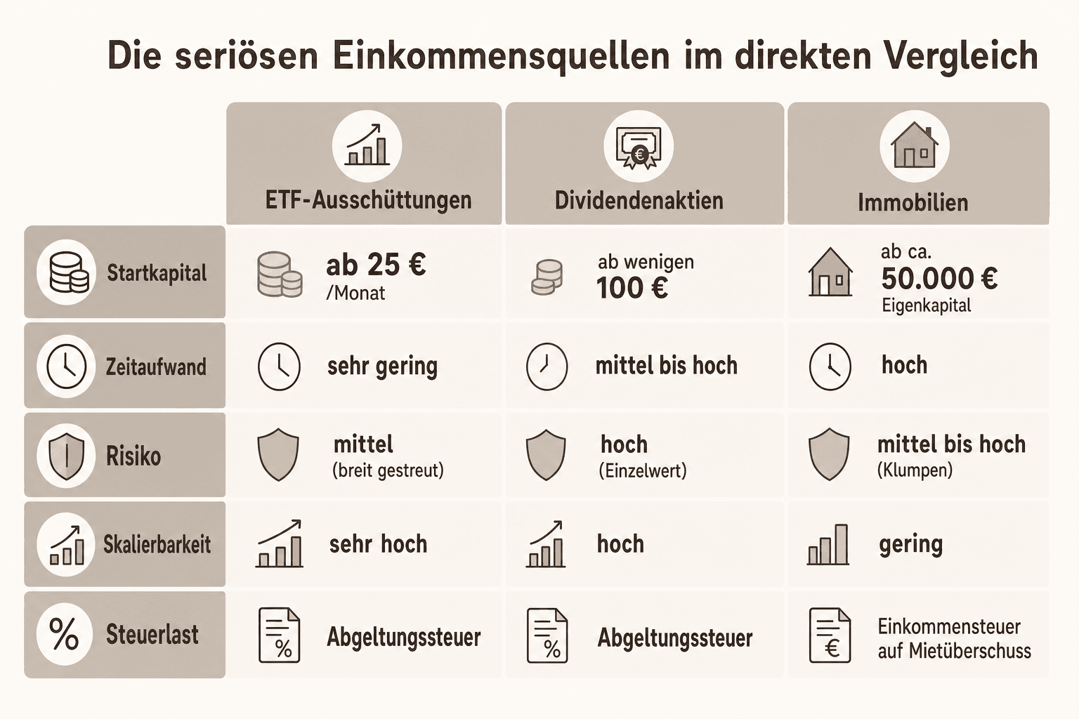Infografik: Die seriösen Einkommensquellen im direkten Vergleich Kriterium: Startkapital | ETF-Ausschüttungen: ab 25 €/Monat | Divid...