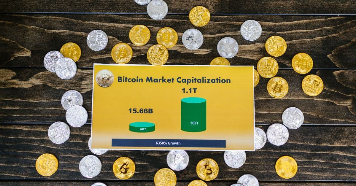 Mehrere Bitcoin-Münzen auf Holzfläche vor Kursgrafik mit Marktkapitalisierung von 1,1 Billionen.