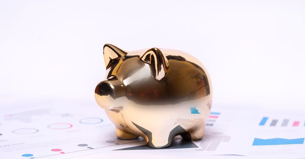 Goldenes Sparschwein auf Finanzdokumenten, Nahaufnahme zu Sparen und Investieren