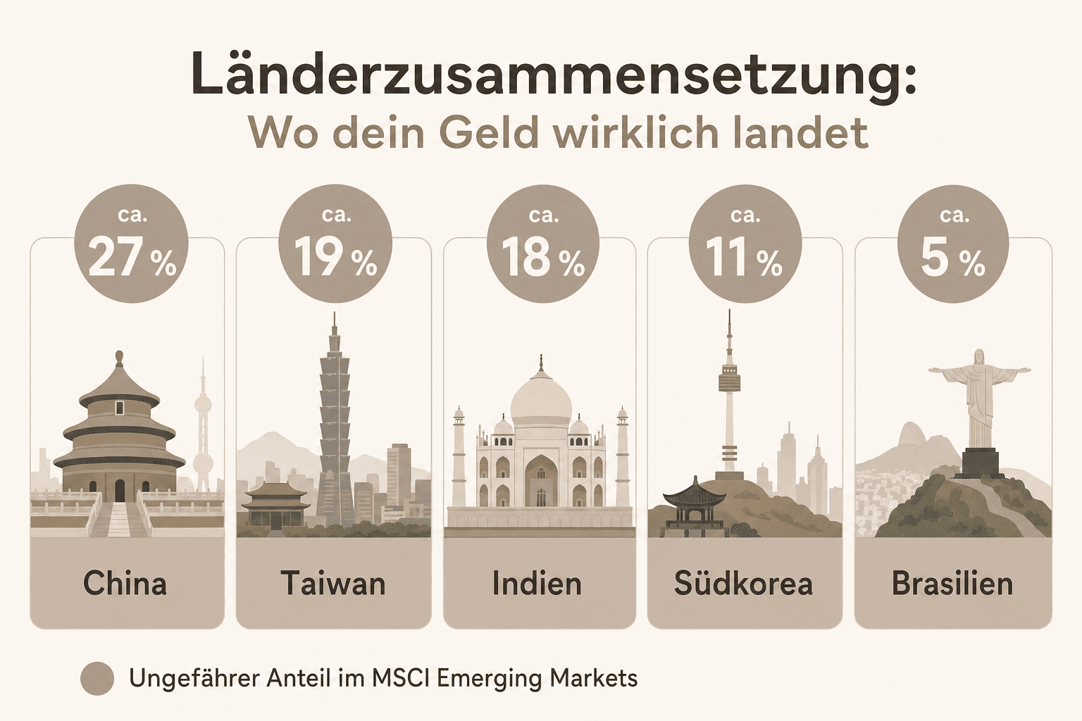 Infografik: Länderzusammensetzung: Wo dein Geld wirklich landet Land: China | Ungefährer Anteil im MSCI Emerging Markets: ca. 27 % L...