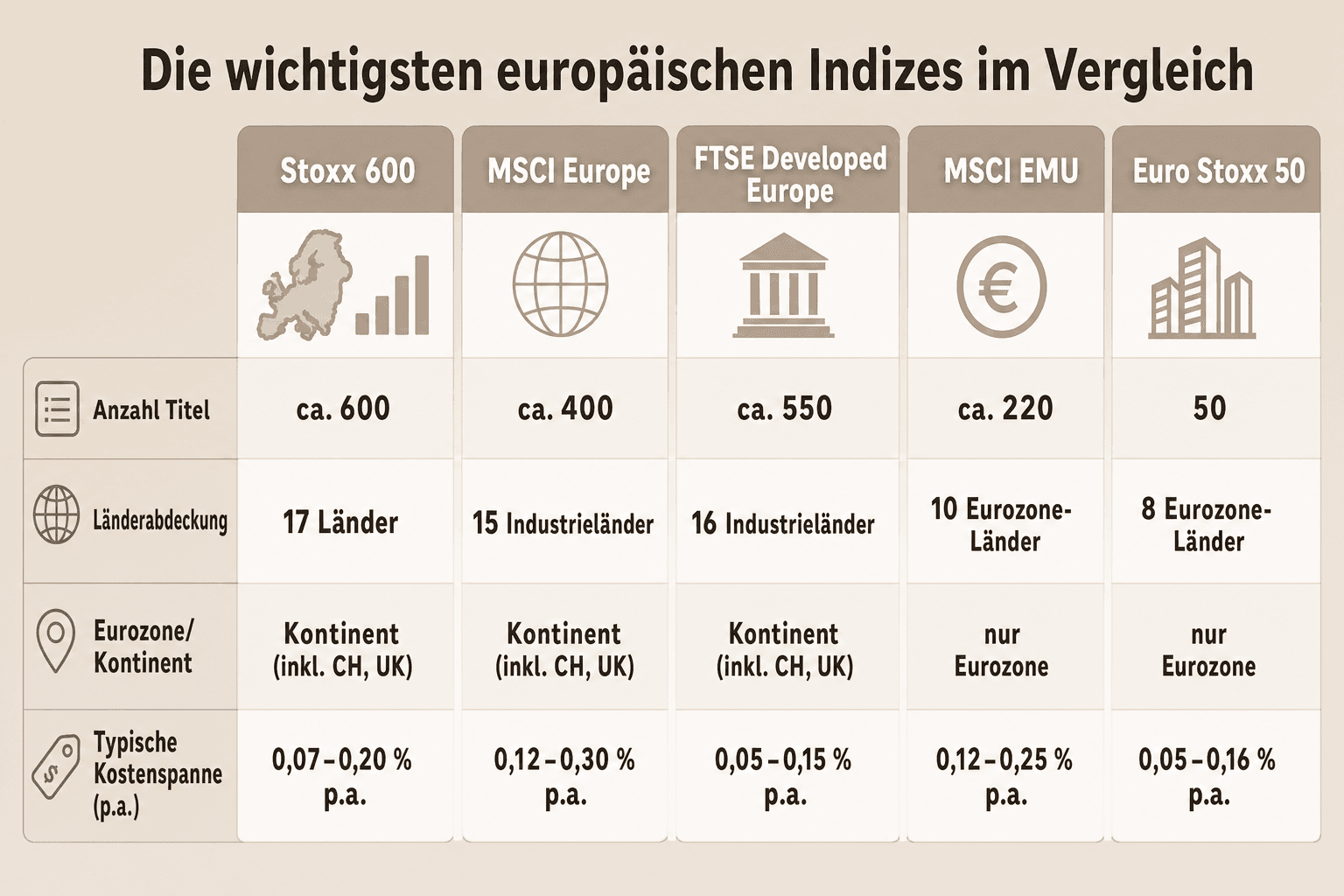 Infografik: Die wichtigsten europäischen Indizes im Vergleich Index: Stoxx 600 | Anzahl Titel: ca. 600 | Länderabdeckung: 17 Länder...