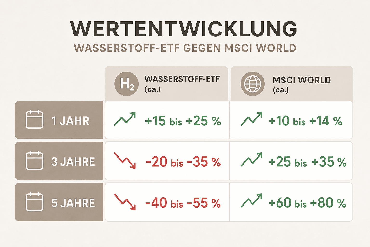 Infografik: Wertentwicklung: Wasserstoff-ETF gegen MSCI World Zeitraum: 1 Jahr | Wasserstoff-ETF (ca.): +15 bis +25 % | MSCI World (...