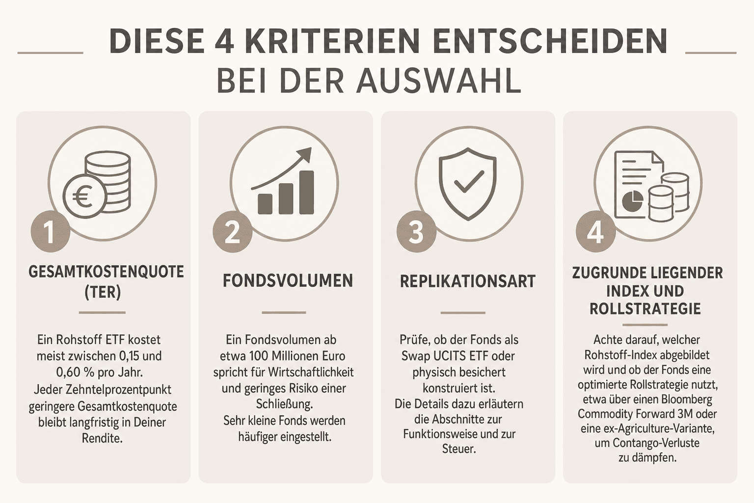 Infografik: Diese vier Kriterien entscheiden bei der Auswahl 1. Gesamtkostenquote (TER): Ein Rohstoff ETF kostet meist zwischen 0,15...