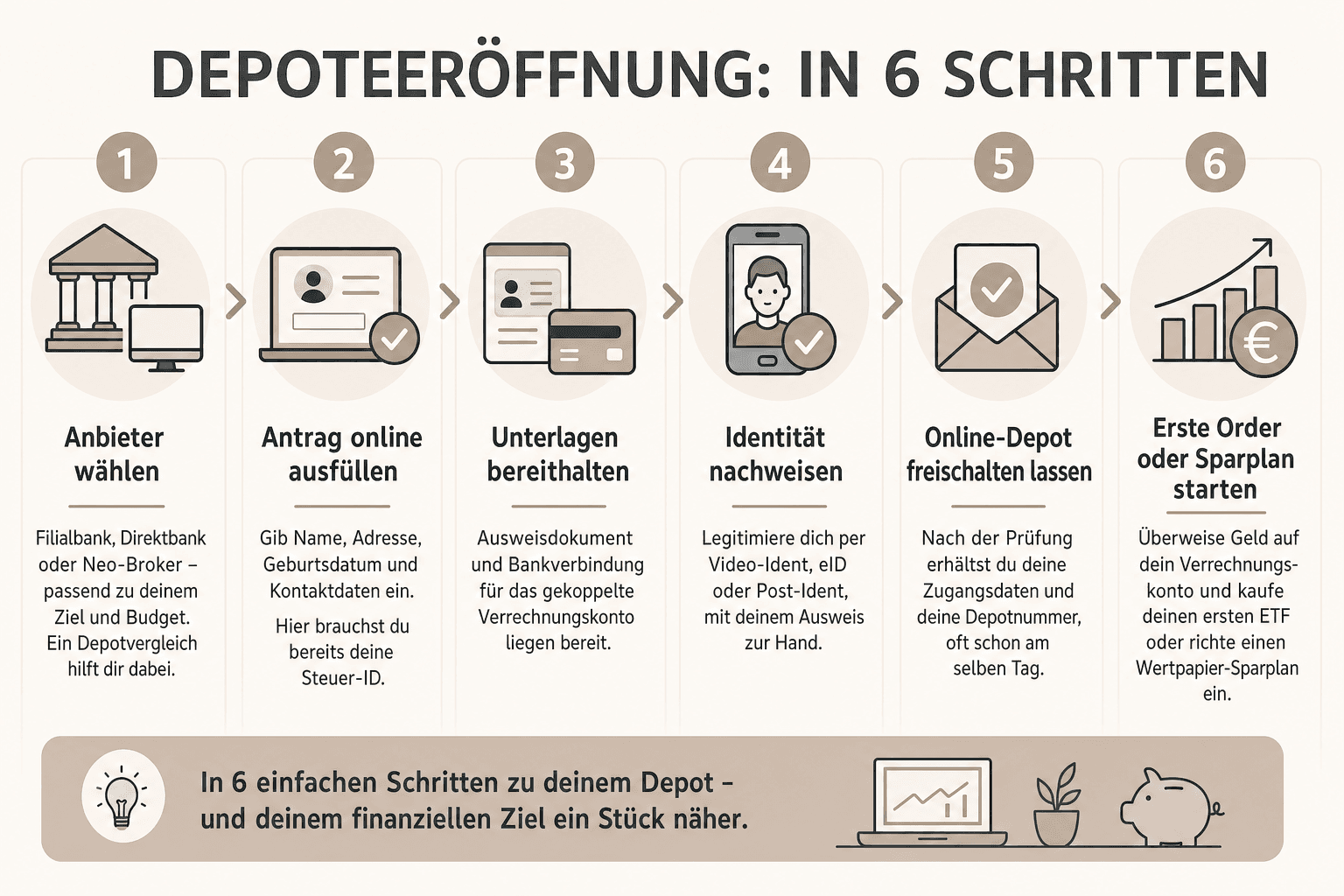 Infografik: So läuft die Depoteröffnung Schritt für Schritt 1. Anbieter wählen: Entscheide dich für Filialbank, Direktbank oder Neo-...