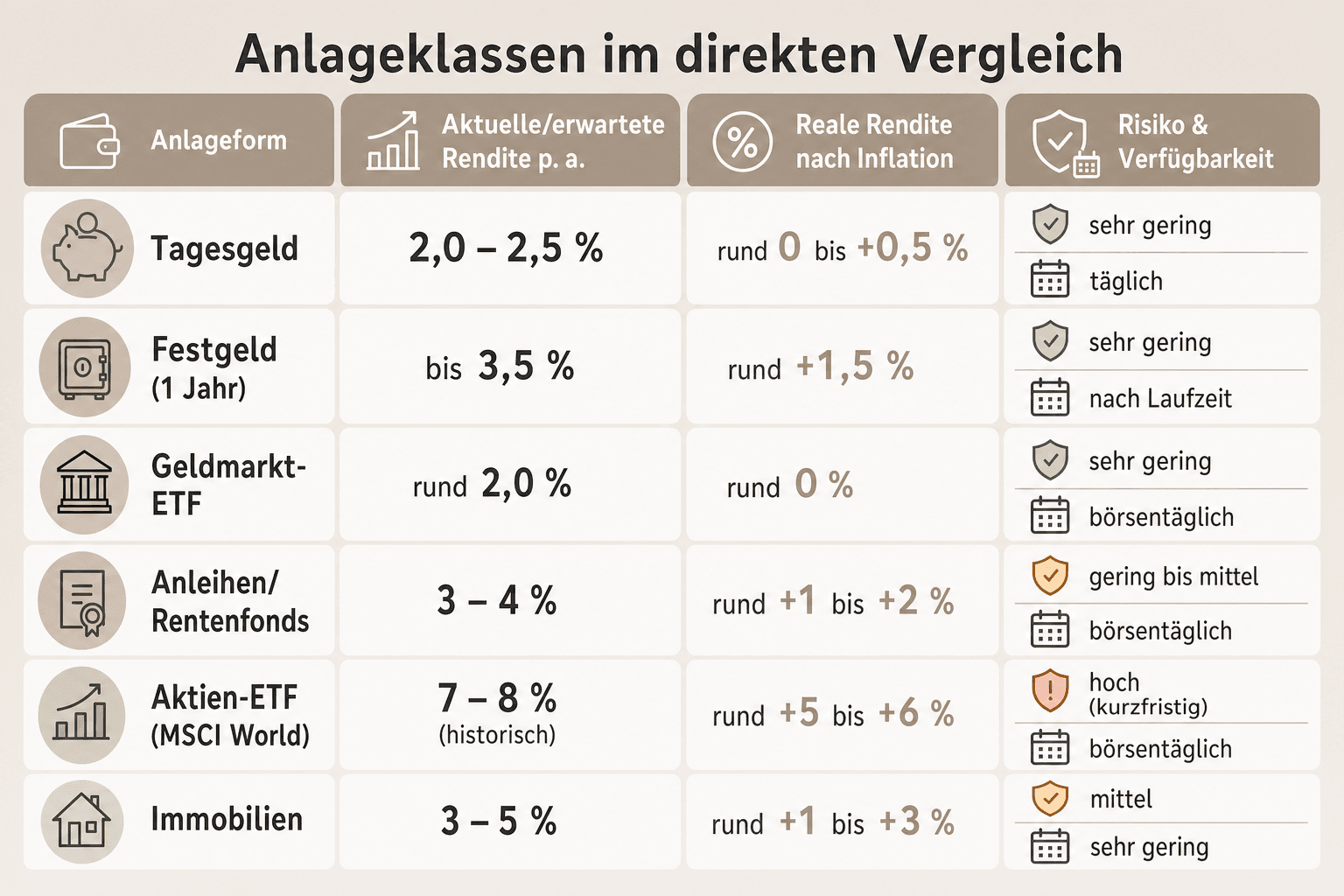 Infografik: Anlageklassen im direkten Vergleich: Rendite, reale Rendite, Risiko Anlageform: Tagesgeld | Aktuelle/erwartete Rendite p...